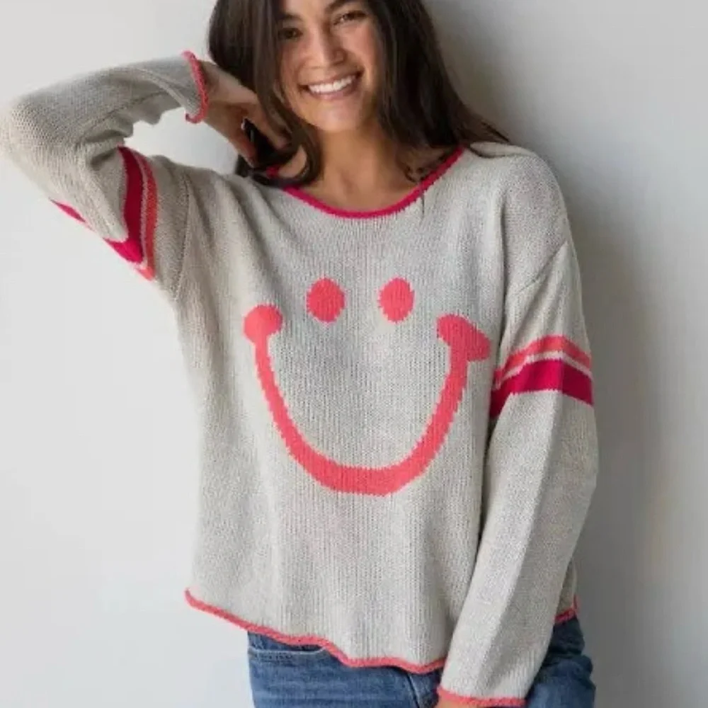 Natural Life Smiley Face Gray Knit Sweater Boho Cozy Oversized Pullover Medium - Picture 1 of 8
